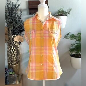 Wrancher Wrangler Plaid Orange Sleeveless Fitted Button Down Shirt - Size S